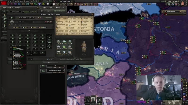 Division Designer showing 'The Chad (Offensive Infant...)' rifle template with a combat width of 36, regimental support slots filled, and a tooltip open over one infantry battalion listing its stats