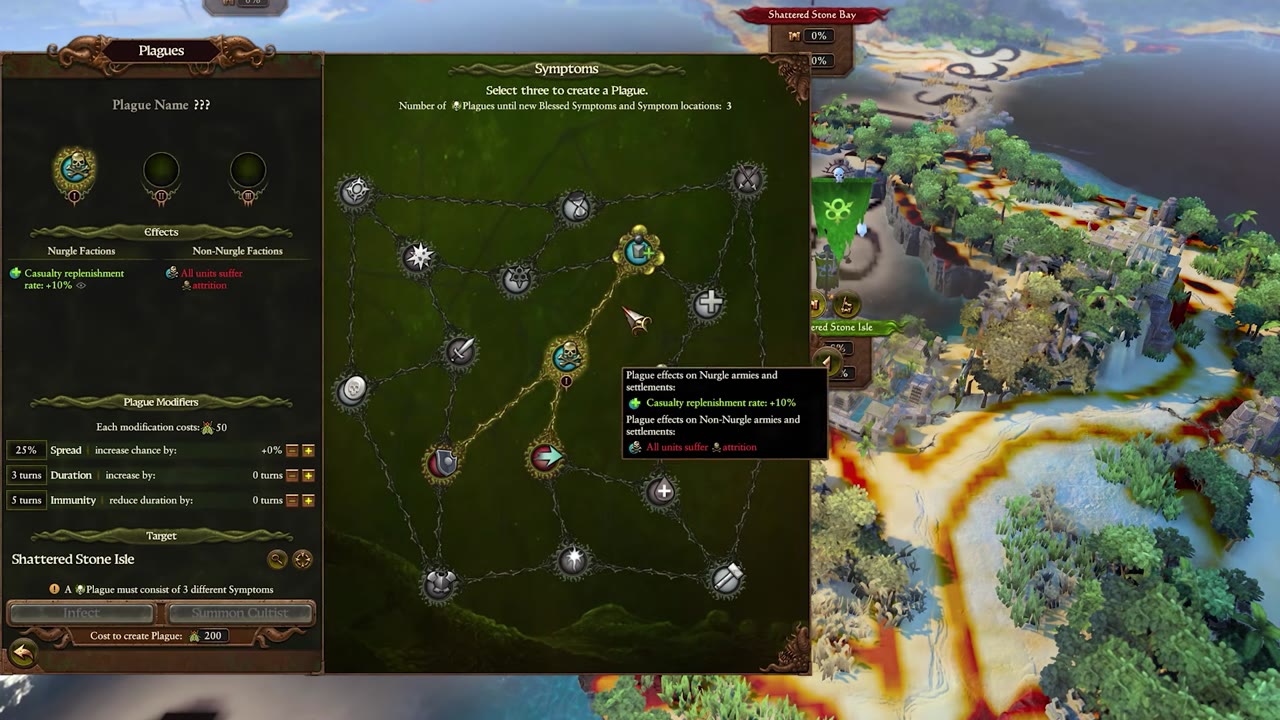 Plague web interface with connected symptoms on a node map. Three symptoms are linked, modifiers for spread, duration, and immunity are shown, and effects for Nurgle and non-Nurgle factions are listed. Target location is Shattered Stone Isle, cost is 200.
