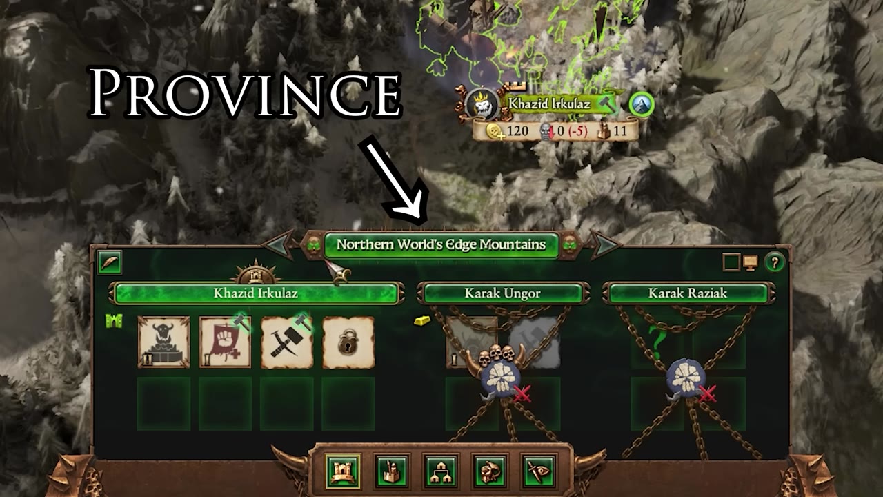 In-game interface showing the province 'Northern World's Edge Mountains' with its settlements: Khazid Irkulas, Karak Ungor, and Karak Raziak.