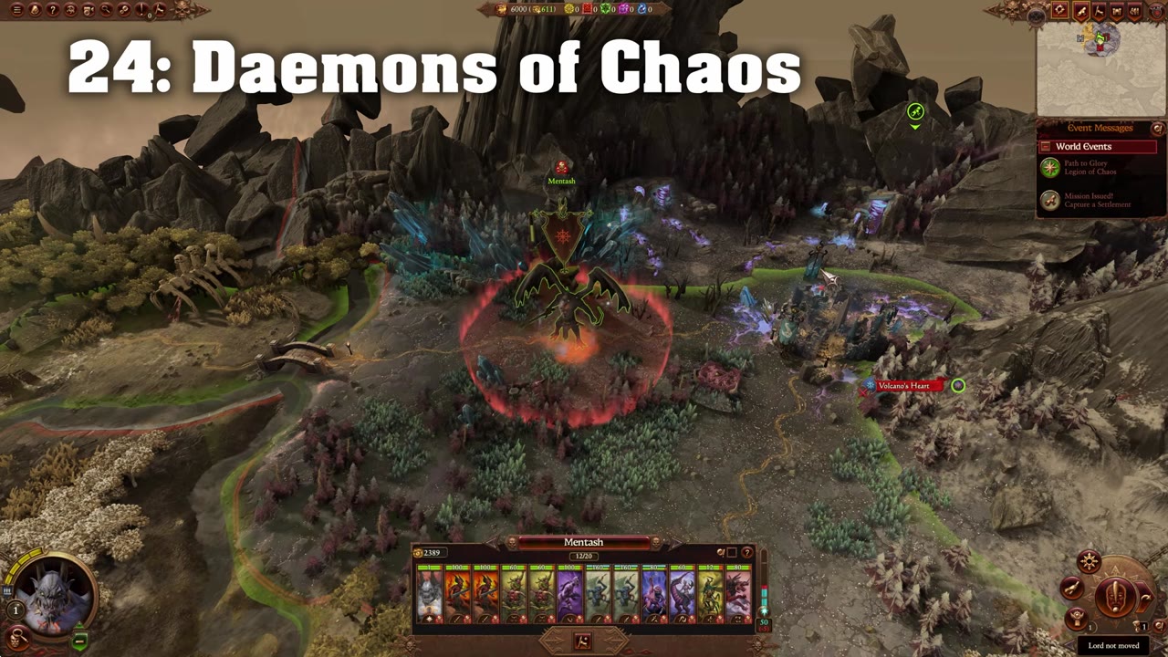 Daemons of Chaos campaign map screen in Total War: Warhammer III with '24: Daemons of Chaos' in large text, showing Mentash's army and settlement details at the bottom of the ranking list.