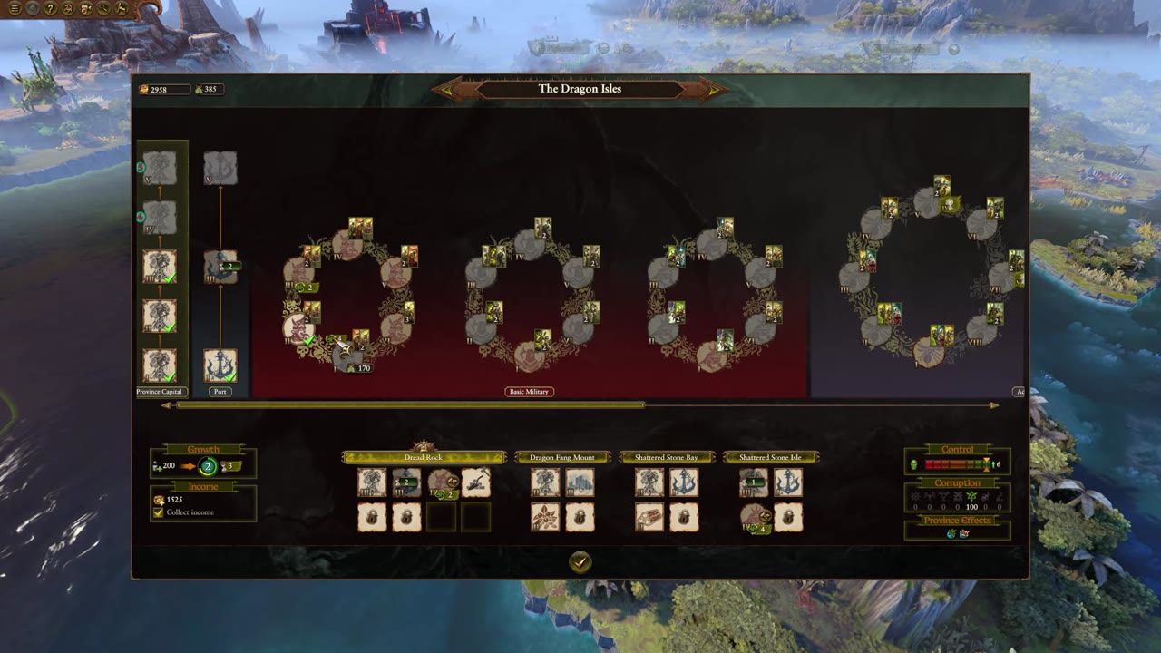 Nurgle settlement overview screen with military building cycles, infection cost for construction, recruitment pool details, and the Dragon Isles province information displayed.