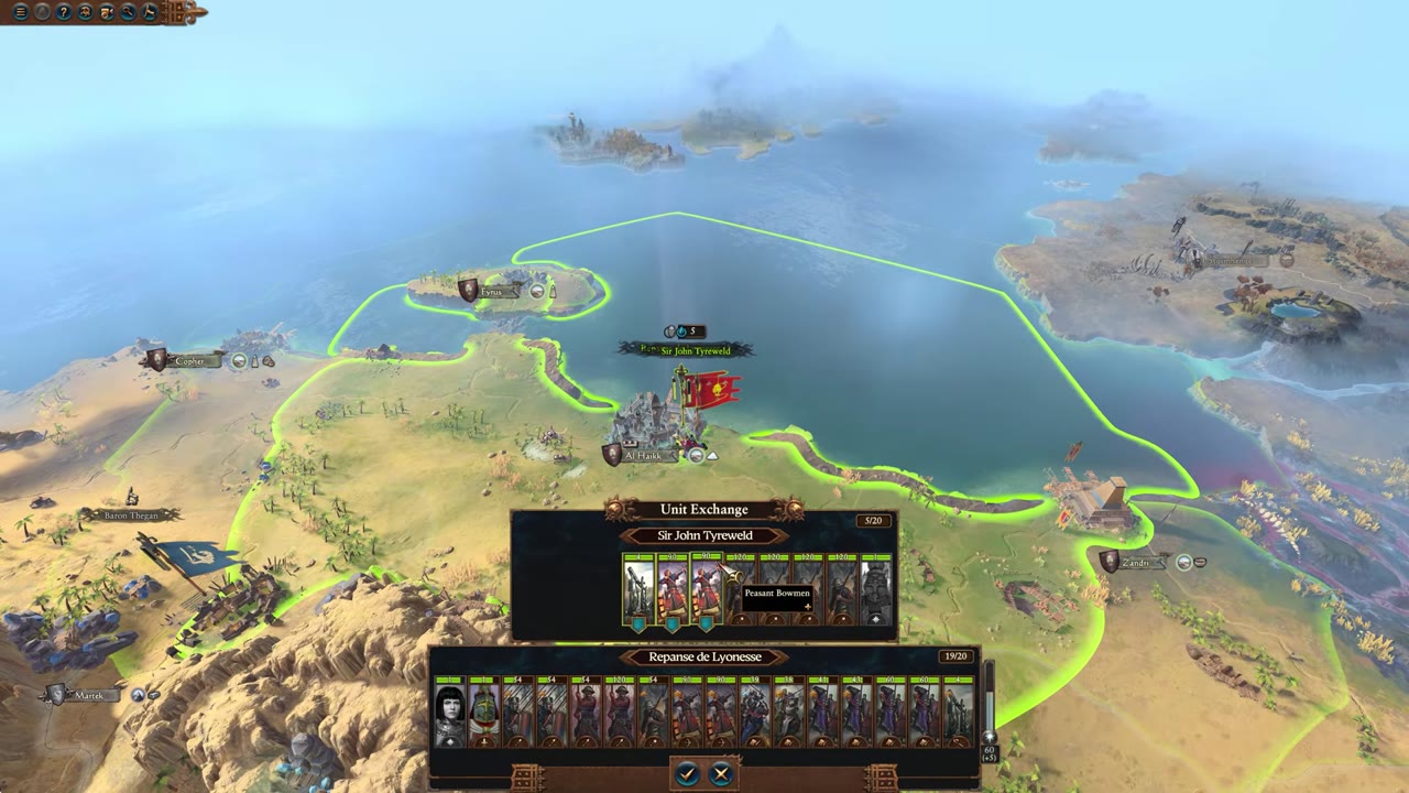 Campaign map showing Repanse de Lyonesse's starting position at Al Haik on the Araby coast, with her army composition including multiple lower-tier peasant units visible.