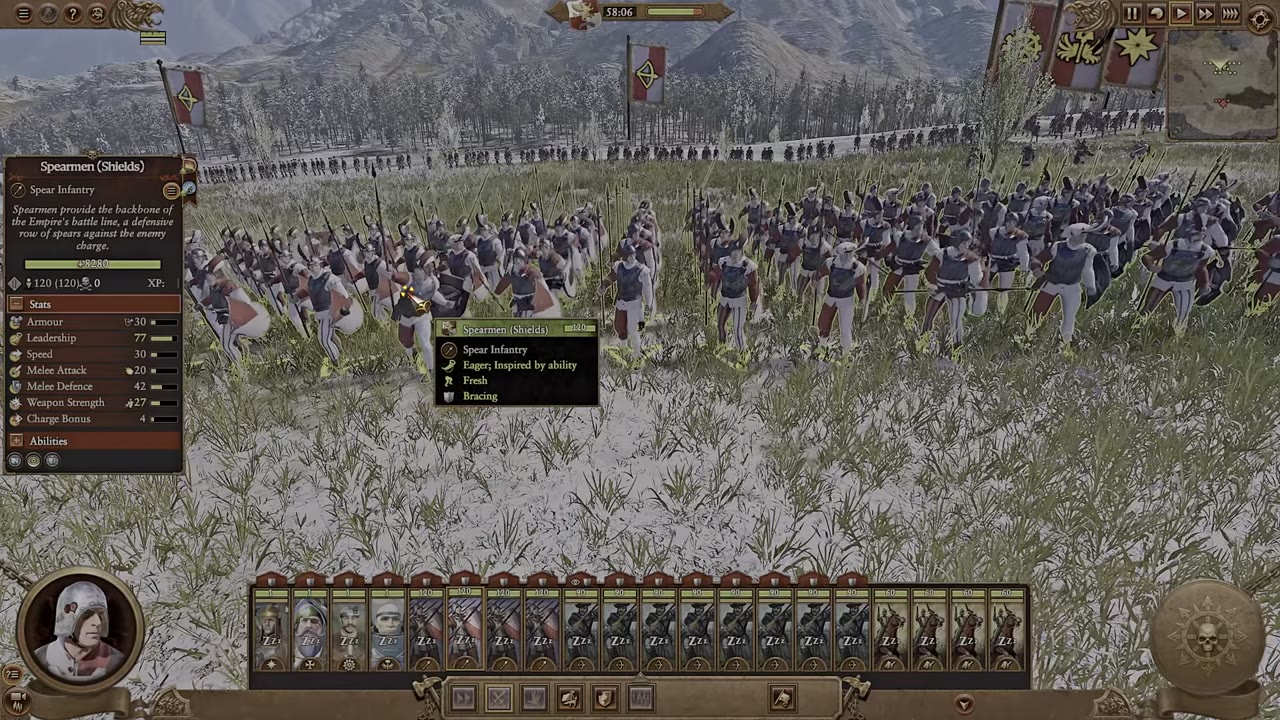 Empire spearmen with shields unit stat panel visible on the left, showing armor 30, leadership 77, speed 30, melee attack 20, melee defense 42, weapon strength 27, charge bonus 4, and a formation of shielded spearmen in the center of the battlefield.