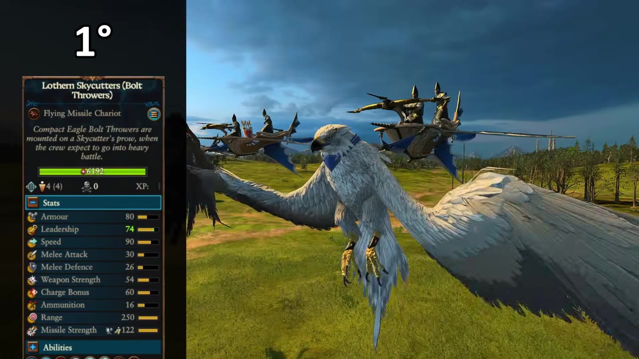 Unit details panel for Lothern Skycutters (Bolt Throwers), showing stats like armor 80, leadership 74, speed 90, and missile strength 1222, along with an in-game view of Skycutters flying over a field.