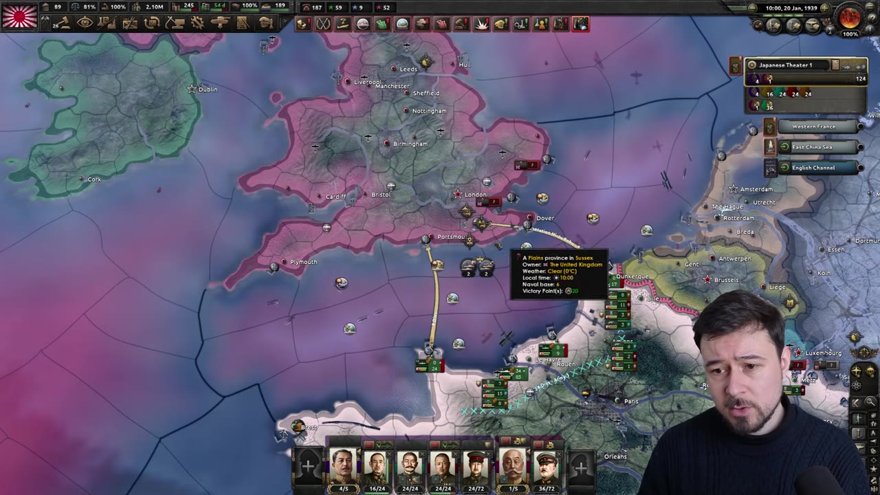 Naval invasion commands targeting Portsmouth and Dover illustrate a typical southern landing strategy for invading the UK.