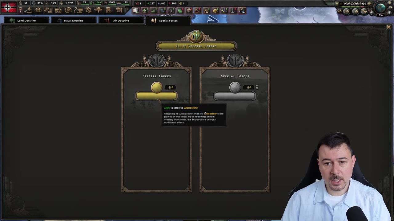 Special Forces doctrine screen with the Elite Special Forces grand doctrine selected above two empty sub-doctrine slots, and a tooltip explaining that a sub-doctrine must be assigned before mastery can be gained