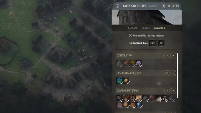 Storehouse inventory toggles let you limit which items are stored, helping reduce worker travel and bottlenecks.