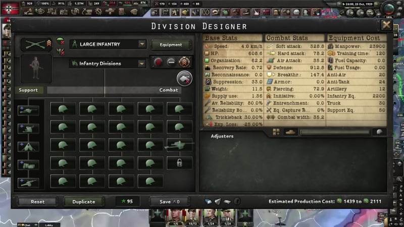 Division Designer screen showing a large infantry division template. The support company slots are visible on the left row, with multiple slots filled, including field hospital, logistics, support artillery, support anti-tank, and support anti-air companies. Key stats like HP, soft attack, and manpower are visible on the right panel.