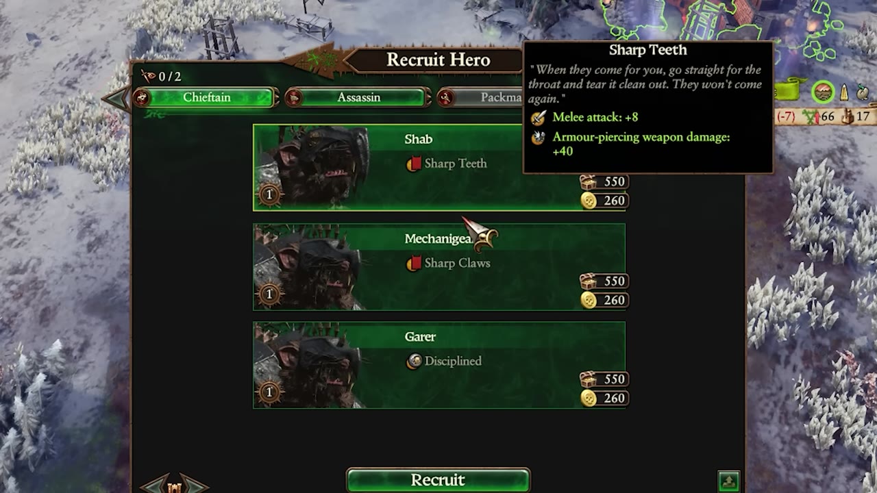 Recruit Hero menu with Chieftain and Assassin options visible, including names Shab, Mechanigea, and Garer, with traits and recruitment costs shown.