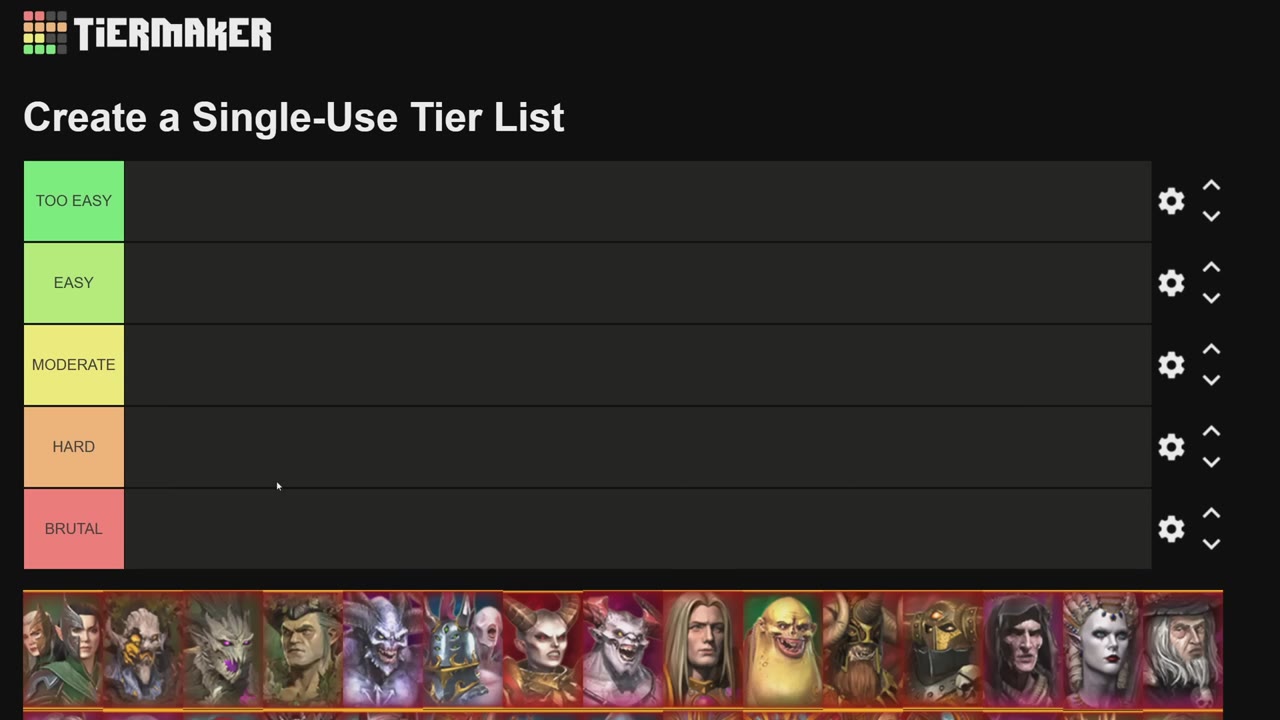 Empty tier maker template with five ranked rows labeled Too Easy, Easy, Moderate, Hard, and Brutal. Portraits of various legendary lords and factions are lined up at the bottom, ready to be dragged into tiers.