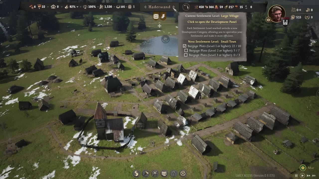 Large village overview in a town-building game with resource statistics at the top, including clothing stock and demand values.