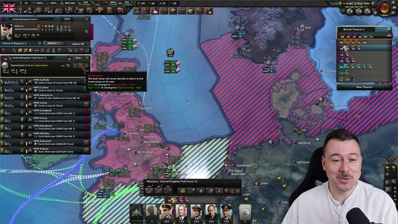United Kingdom Task Force 13's ship list with a tooltip reading: Never repair -- the task force will never decide to return to the home base on its own.
