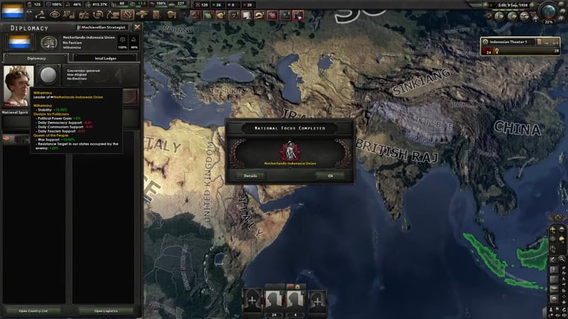 The 'National Focus Completed: Netherlands-Indonesia Union' popup dated 8 Sep 1938, with the Diplomacy panel behind showing leader Wilhelmina, 'No Faction', and figures reading 100% and 46%.