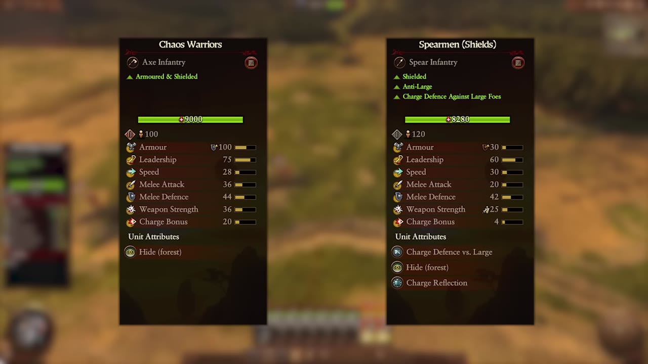 Unit card comparison screen showing Chaos Warriors (armoured and shielded axe infantry) and Spearmen (shielded, anti-large spear infantry), with stats for armor, leadership, speed, melee attack, melee defense, weapon strength, charge bonus, and unit attributes listed.