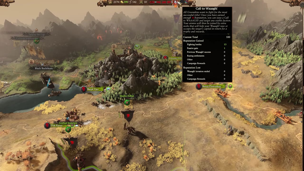 Campaign map UI with the Call to Waaagh reputation panel open, showing reputation total at 100 and breakdowns of reputation gain and loss.