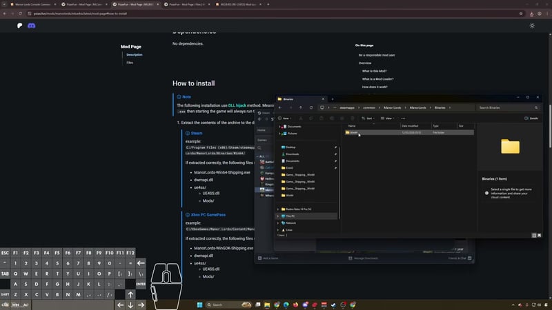 Windows File Explorer showing Manor Lords install path up to 'Binaries', with 'Win64' folder visible, ready to place mod loader files.