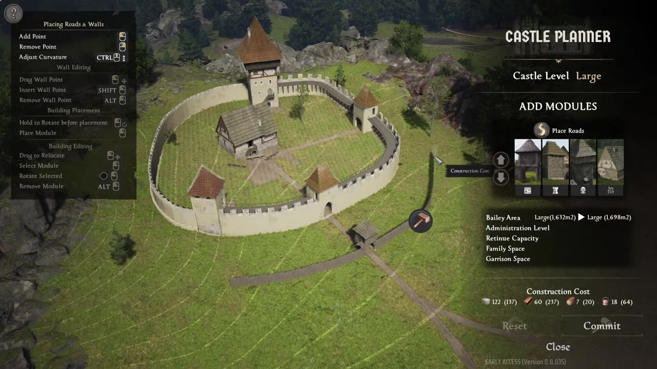Castle planner screen with castle parts like walls, towers, gates, and the manor displayed in level one wooden form, planner options visible on left and right, including module selection and construction cost.