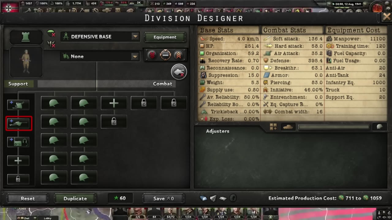 Division Designer screen displaying a defensive infantry template with a combat width value of 16 in the stats panel.