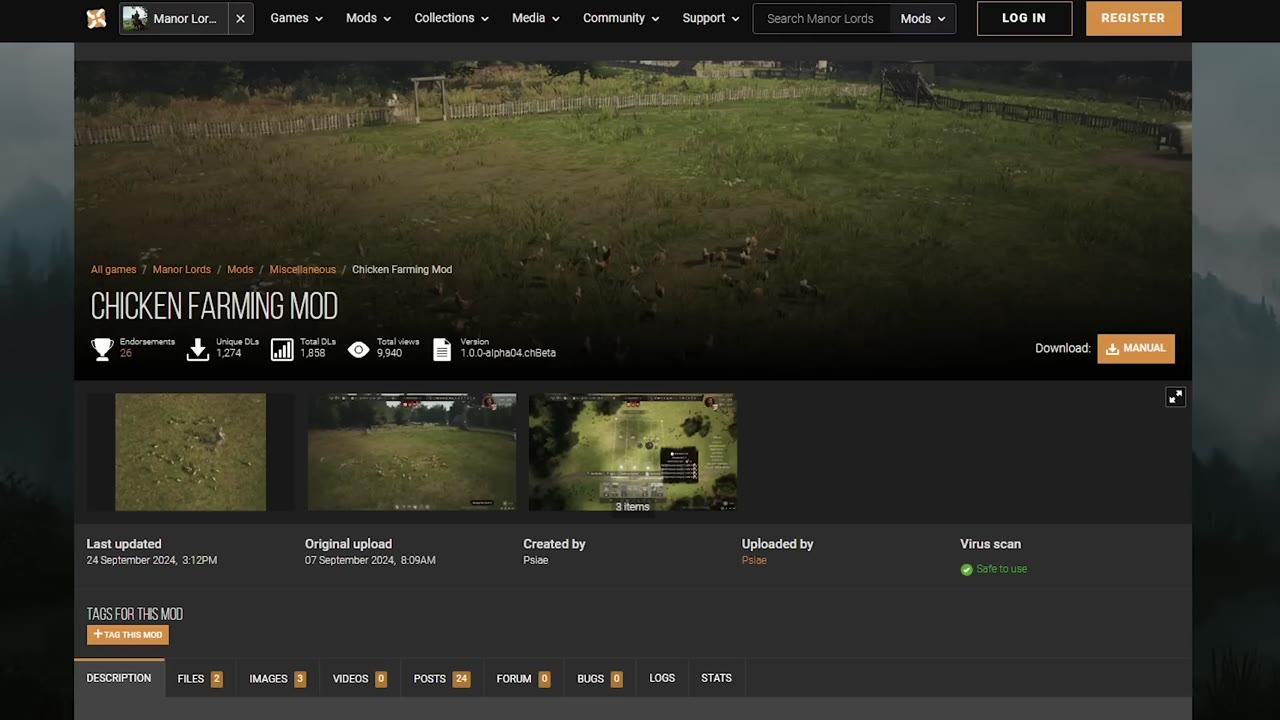 Chicken Farming Mod page for Manor Lords on Nexus Mods, showing a large grassy animal pen with chickens in a fenced area, under a clear header.