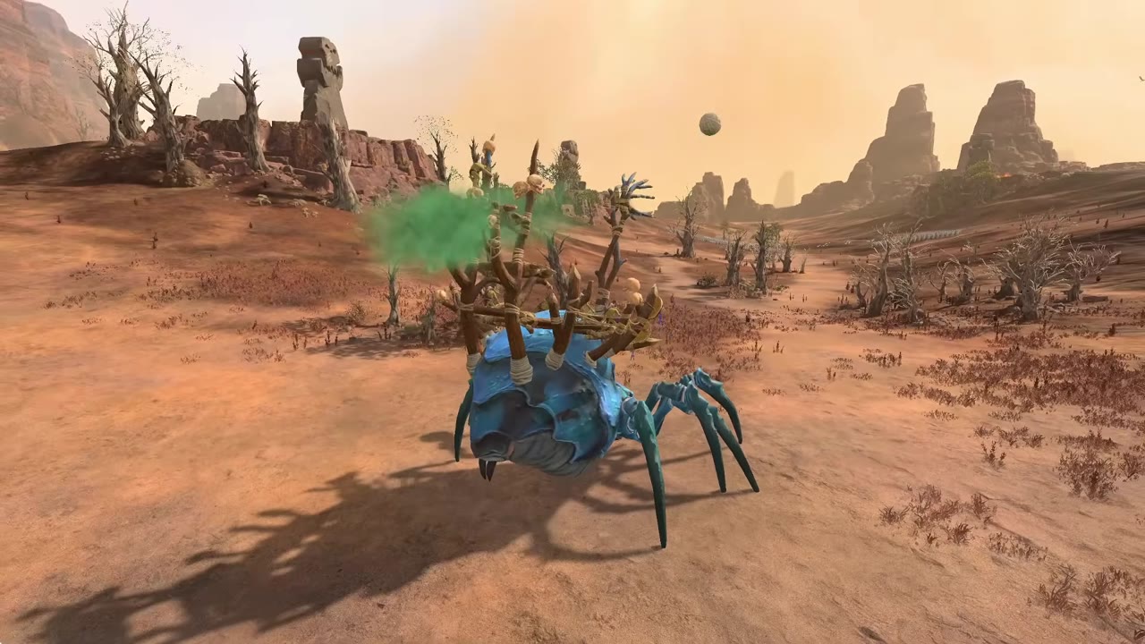 Arachnarok Spider with flinger shown launching a large web-like projectile across a barren landscape, with green gas trailing from its back.