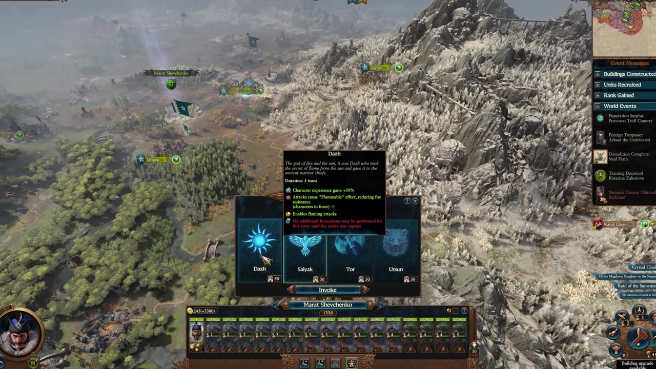 Army invocation menu open for a Kislev army, showing four invocation choices—Dazh, Salyak, Tor, and Ursun—with Dazh selected and its effects (character experience gain, flaming attacks, duration, and limitation) visible.