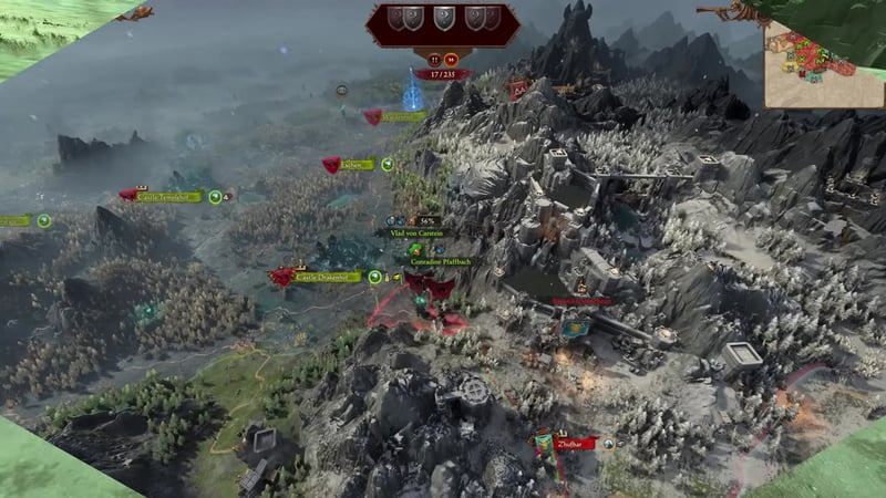 Campaign map view showing Vlad von Carstein and Conradine Pfaffbach positioned near Zhufbar, with Castle Drakenhof and Castle Templehof also visible. Zhufbar is marked as the enemy target, and the armies are clearly shown outside its reinforcement range.