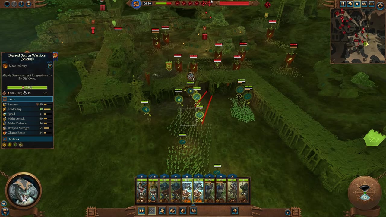 Battle screen showing Blessed Saurus Warriors (Shields) detailed unit card with stats, and their unit leading the frontline of Kroq-Gar's army during the assault.