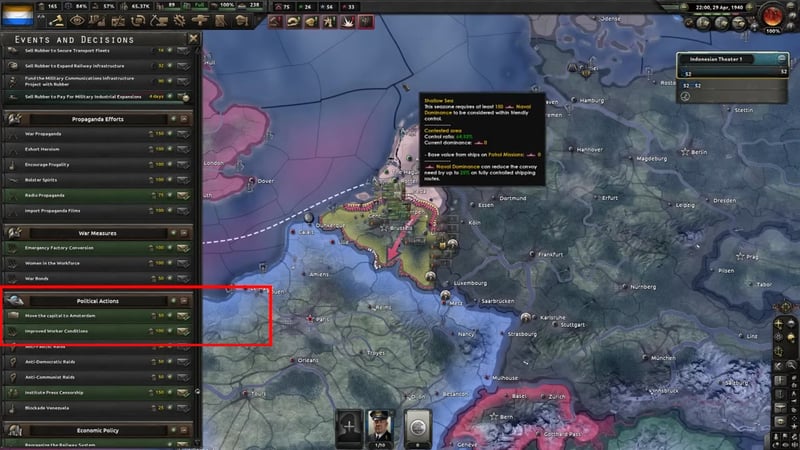Events and Decisions panel showing the Political Actions list, including 'Move the capital to Amsterdam' (cost 50 political power) alongside other actions like 'Improved Worker Conditions' and 'Institute Press Censorship'; the map behind shows the Low Countries and northern France with an offensive push arrow near Antwerp and a naval-dominance tooltip for a 'Shallow Sea' zone.