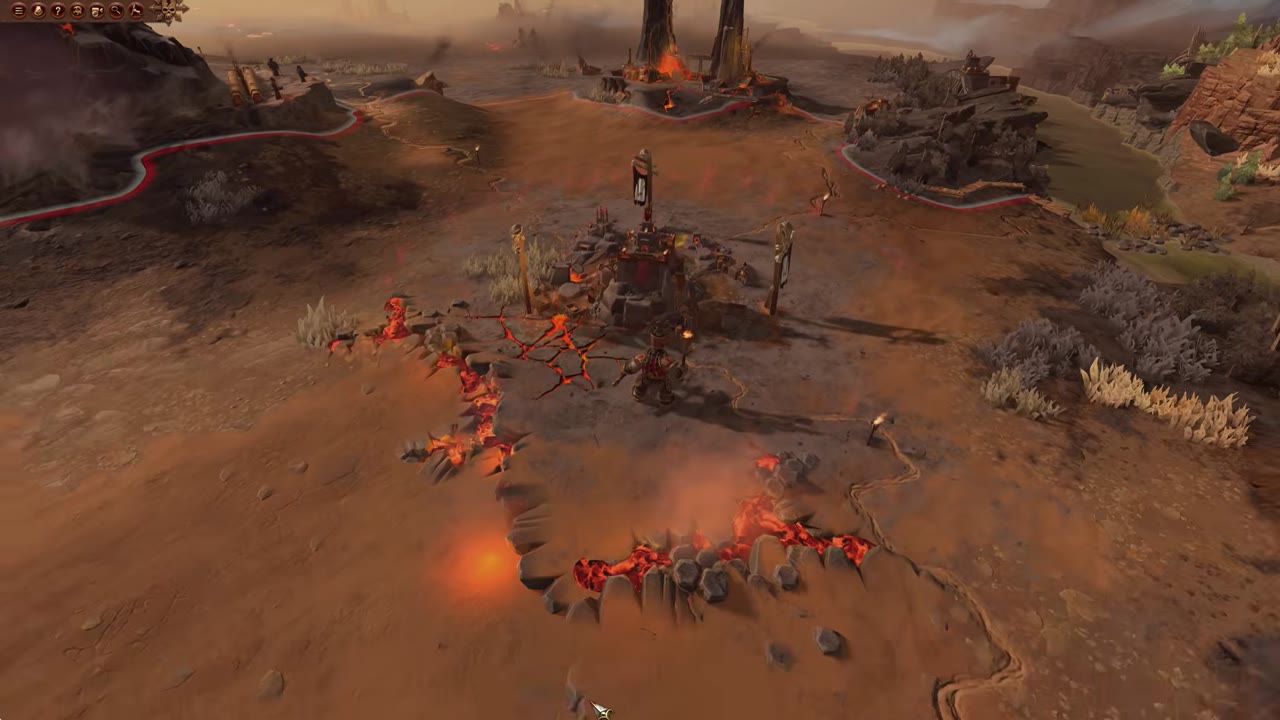 Campaign map view showing a Chaos Dwarf settlement at the center, with lava crevices, banner markers, and surrounding wasteland terrain. Red faction borders are visible, and the area appears to be in the middle of the Chaos Dwarf territory.
