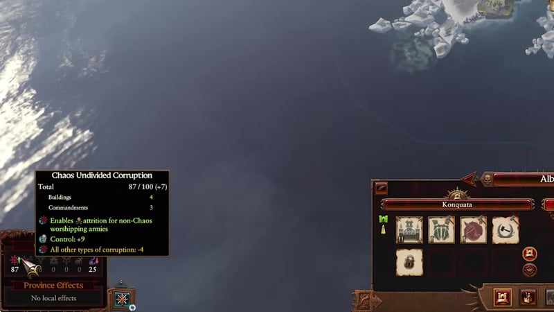 Chaos Chaos Undivided Corruption tooltip with a total of 87/100 (+7), showing effects including attrition for non-Chaos armies, control +9, and all other types of corruption -4.