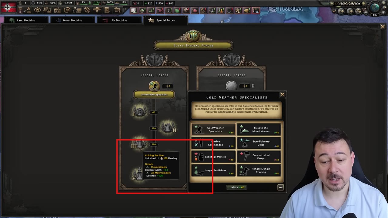 The Cold Weather Specialists perk tree with the bottom perk's tooltip open, showing 'Holding the Line' unlocked at 180 Mastery: Mountaineers Combat width -0.2 and All Mountaineers Defense +10%