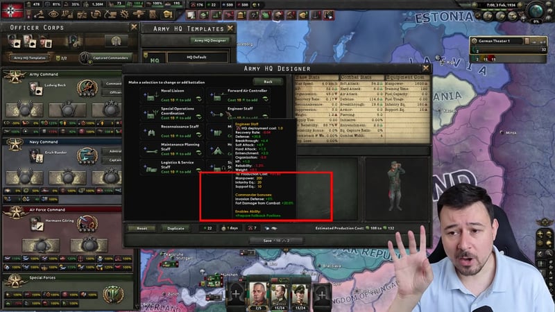 Engineer Staff HQ support company tooltip with a division stat block above a separate 'Commander bonuses' section listing Invasion Defense +5% and Fort Damage from Combat +20.0%, plus an unlocked Prepare Fallback Positions ability