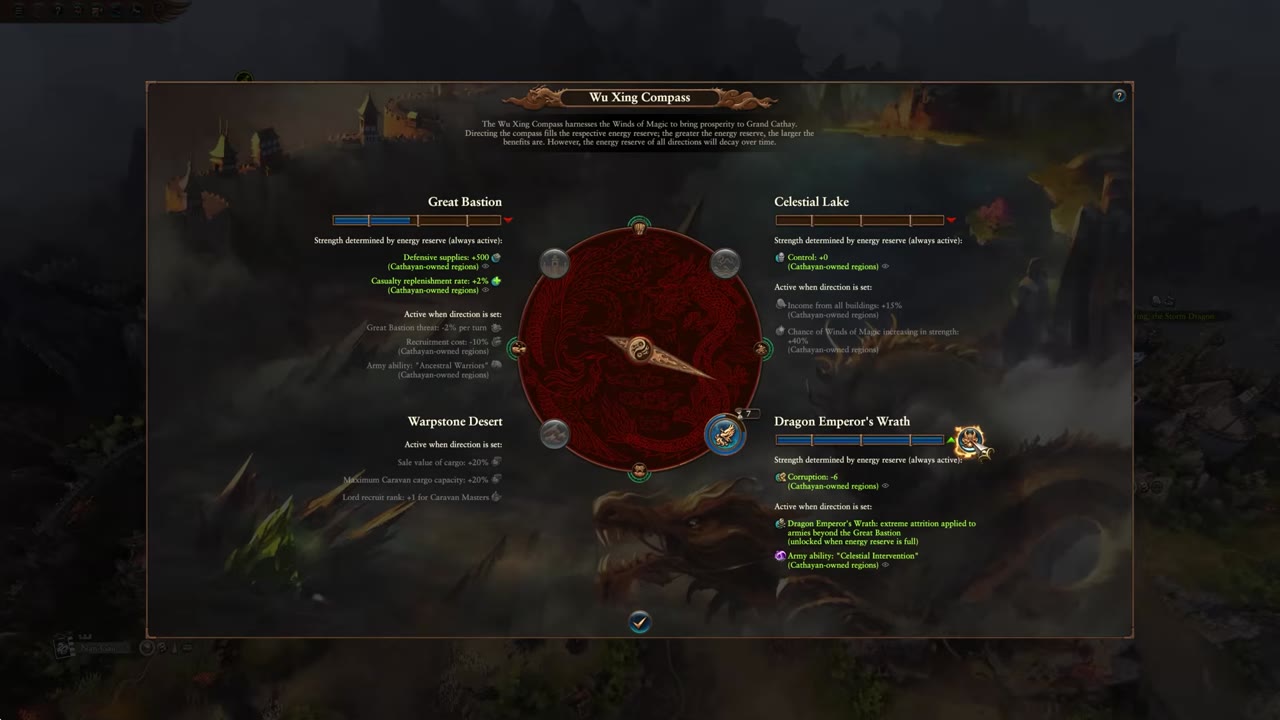 Wu Xing Compass menu with Great Bastion, Celestial Lake, Warpstone Desert, and Dragon Emperor's Wrath options; each direction displays bonuses, timers, and bar levels.