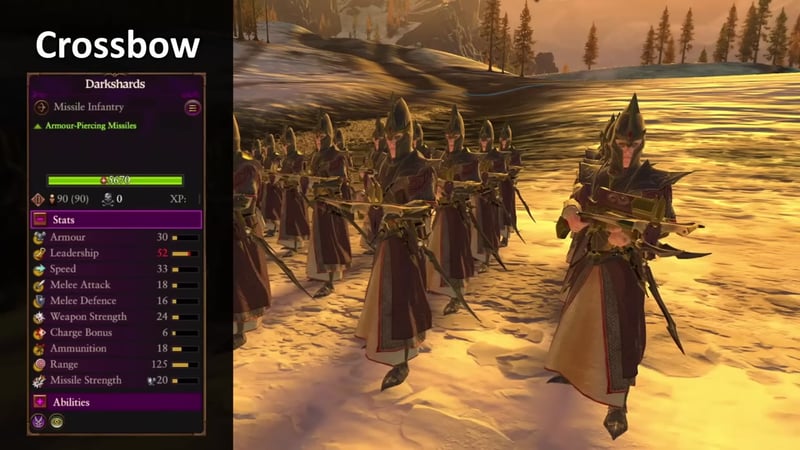 Crossbow stats and features are shown for Darkshards, illustrating their shorter range and higher armor-piercing damage.