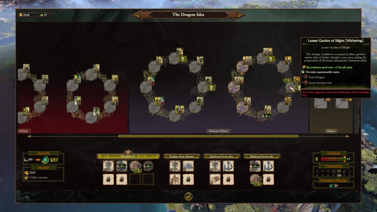 Nurgle military building panel showing cycle progression loops, infection costs, recruitment pool size, and tooltip for unit availability in The Dragon Isles.