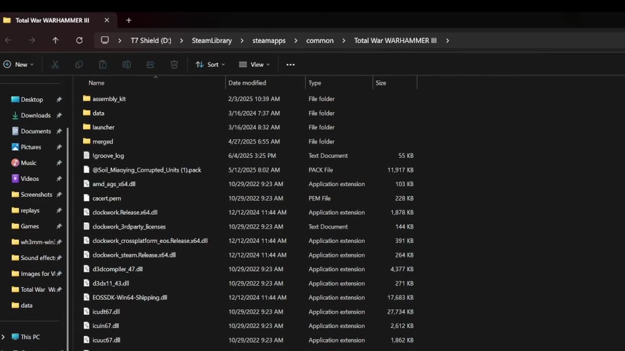 File Explorer window showing the Total War: Warhammer III directory, with the 'data' folder and a .pack mod file visible.