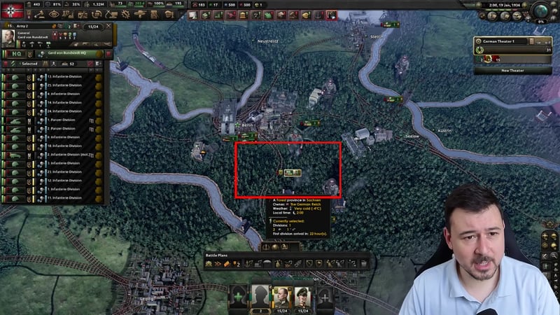 Strategic map near Berlin with a small HQ unit marker on the ground; the left panel lists General Gerd von Rundstedt's HQ and its attached divisions
