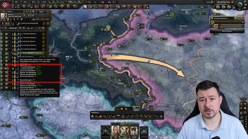 Division tooltip breaking down the plan preparation attack bonus, listing an 'Army HQ distance: -5%' modifier alongside bonuses from the general and field marshal