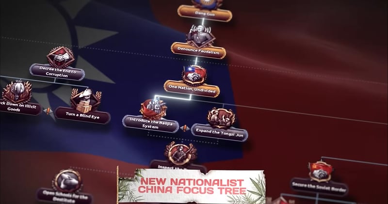 Screenshot of Hearts of Iron IV's game interface showing the Nationalist China focus tree, with several focus icons and a label reading 'NEW NATIONALIST CHINA FOCUS TREE.'