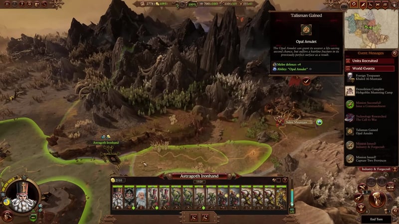 Campaign map in Total War: Warhammer III showing Astrogoth Ironhand's army near Saber Mountain with movement path heading east, army composition visible, and World Events panel on the right.