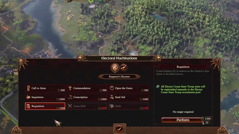 Electoral Machinations panel with Emperor's Decrees showing options including Call to Arms, Commendation, Open the Gates, Inquisition, Conscription, Send Aid, Requisition, Casus Belli, and Unify, each with their prestige costs.