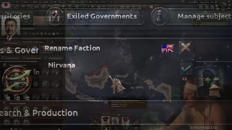 Faction management interface with 'Rename Faction' set to Nirvana; the UK is a confirmed member and Indonesia is highlighted on the map below.
