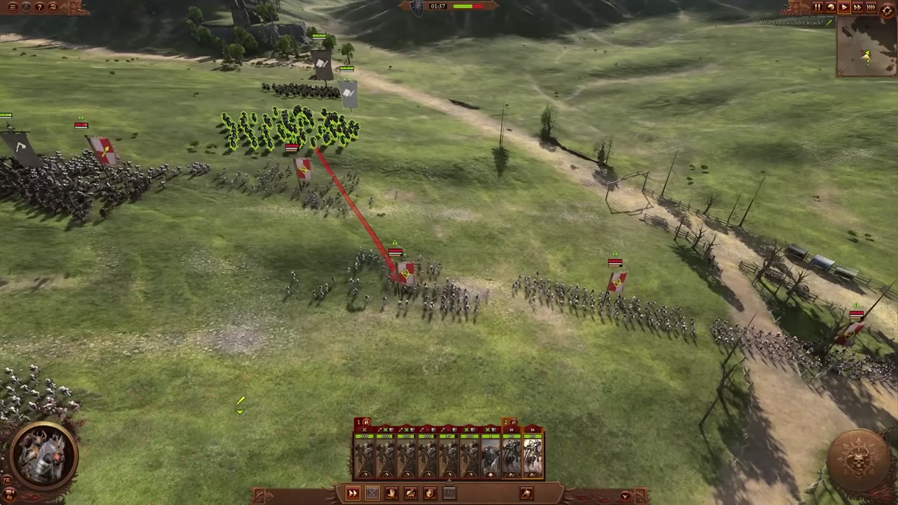 Combat view of a battlefield in Total War: Warhammer with fast cavalry advancing around the enemy front line toward ranged infantry; red movement and targeting lines highlight the engagement.