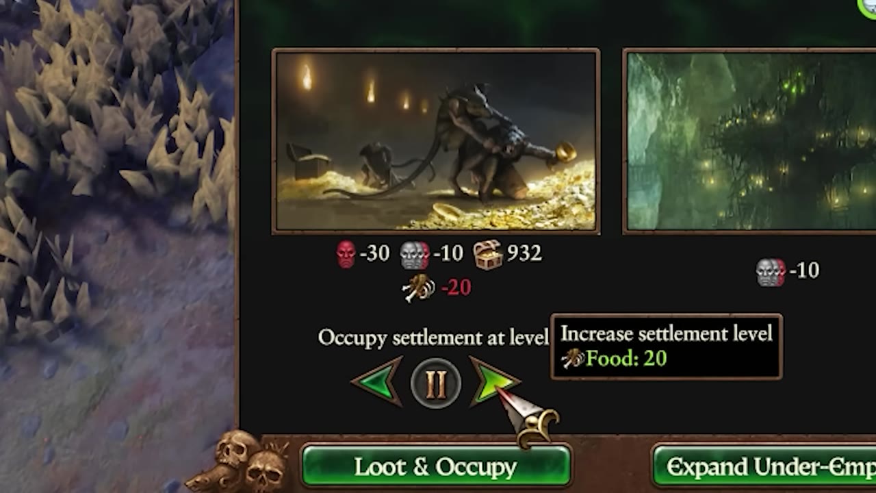 Settlement capture view for Fort Stragov with options to 'Loot & Occupy' or 'Expand Under-Empire', upgrade arrows, resource costs, and increase settlement level tooltip visible.