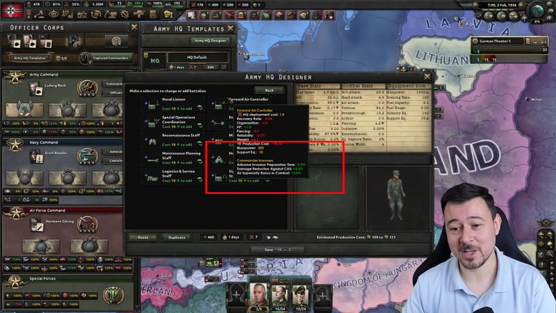 Forward Air Controller tooltip with Commander bonuses listing Airborne Invasion Preparation Time -5.0%, Damage Reduction Against CAS +5.0%, and Air Superiority Bonus in Combat +5.0%
