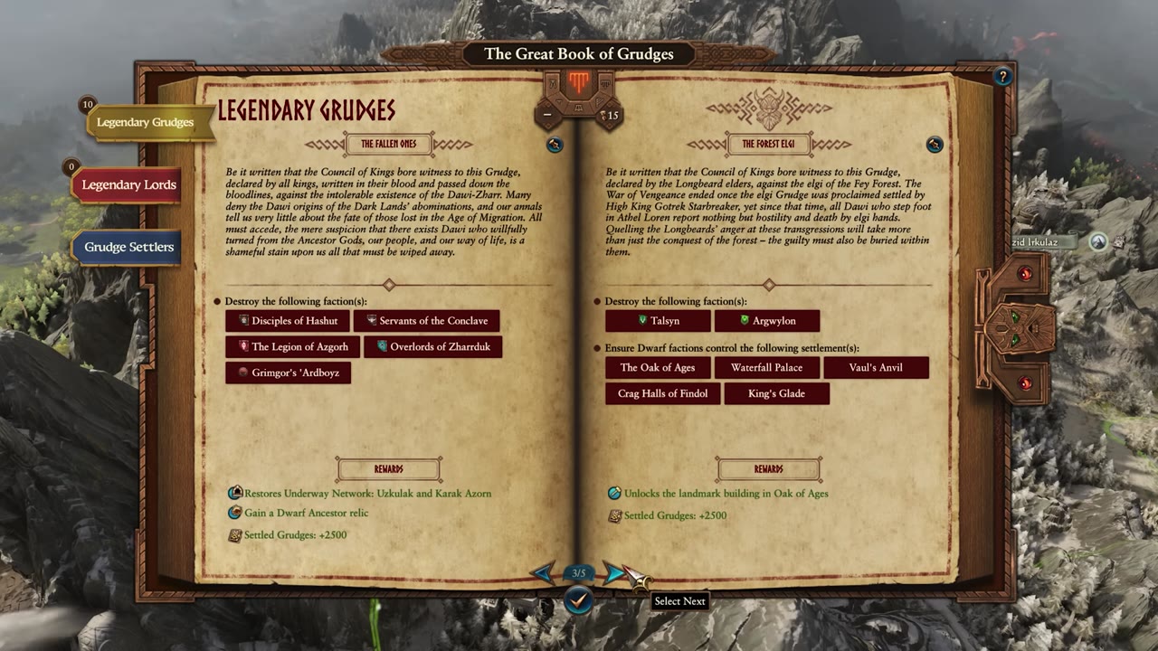 Great Book of Grudges screen showing Legendary Grudges objectives, tabs for Legendary Lords and Grudge Settlers, faction targets, rewards such as restored underway network, relics, and landmark buildings, and settled grudge values.