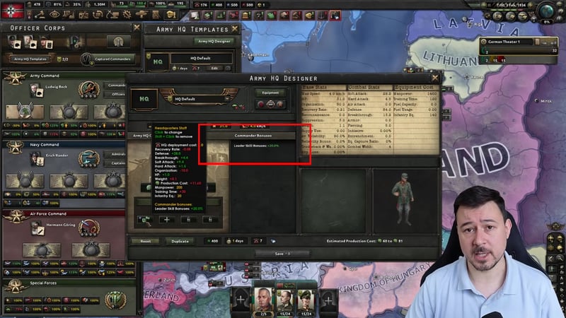 Headquarters Staff tooltip and the Commander Bonuses panel both showing Leader Skill Bonuses +20.0%