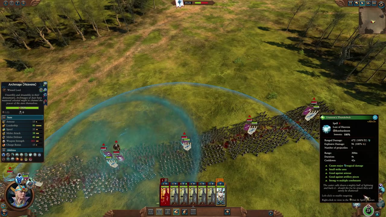 Battle scene from Total War: Warhammer with the Archmage (Heavens) selected and Urannon's Thunderbolt spell details shown on the right, including ranged and explosive damage, cooldown, and effect description.