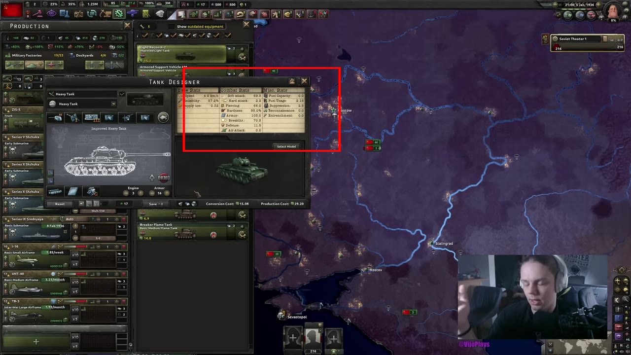 Tank Designer showing the 'Improved Heavy Tank' with Combat Stats of Soft attack 69.3, Breakthr. 70.6, Armor 105.0 and Defense 11.8, and Base Stats of 4.0 km/h speed and 57.2% reliability