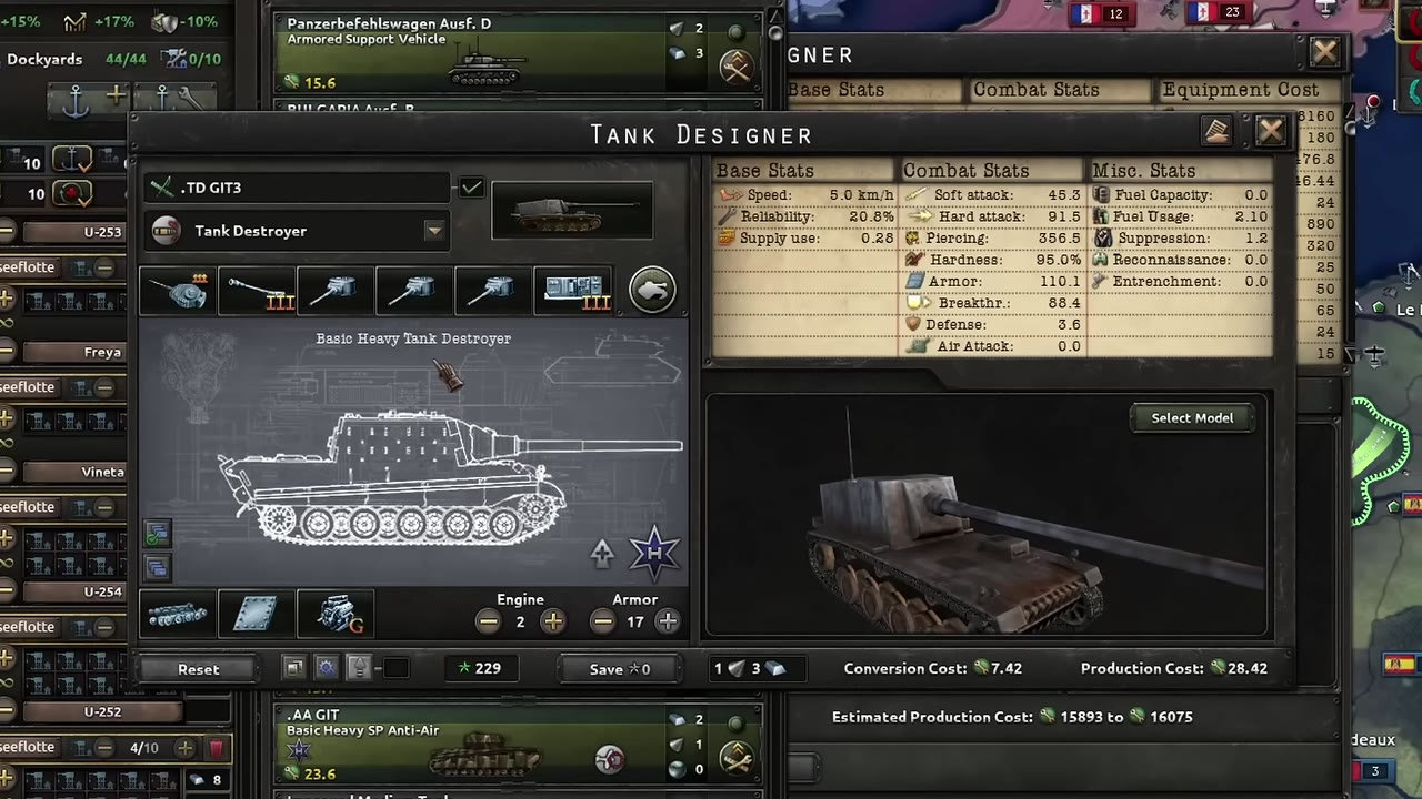Tank Designer screen showing a Basic Heavy Tank Destroyer equipped with an advanced high velocity cannon, three small cannons, free turret, engine level 2, armor level 17, and detailed stat blocks including 110.1 armor and 356.5 piercing.
